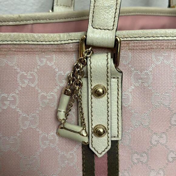 LOW START Gucci Sherry Line GG Pink Canvas Tote With Charms - Picture 4 of 13